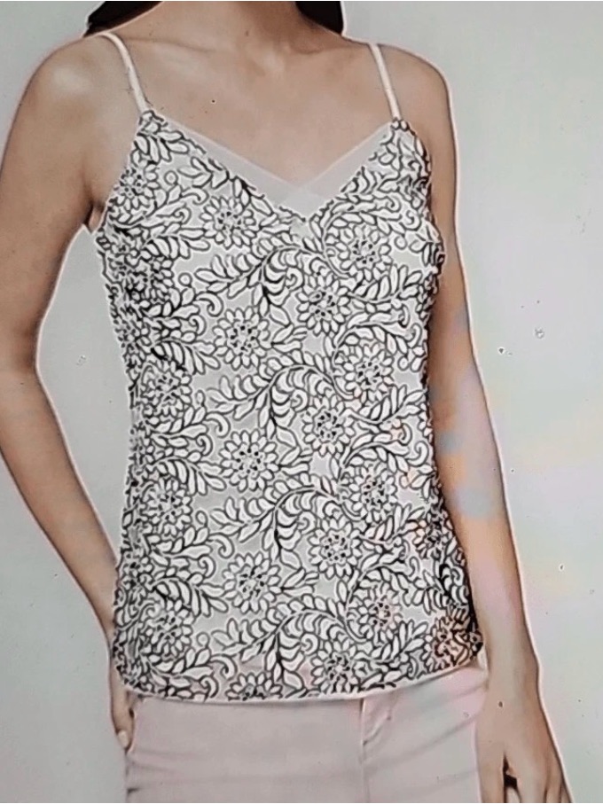 White House Black Market White Camisole Black & White Sequin Floral Lace Overlay